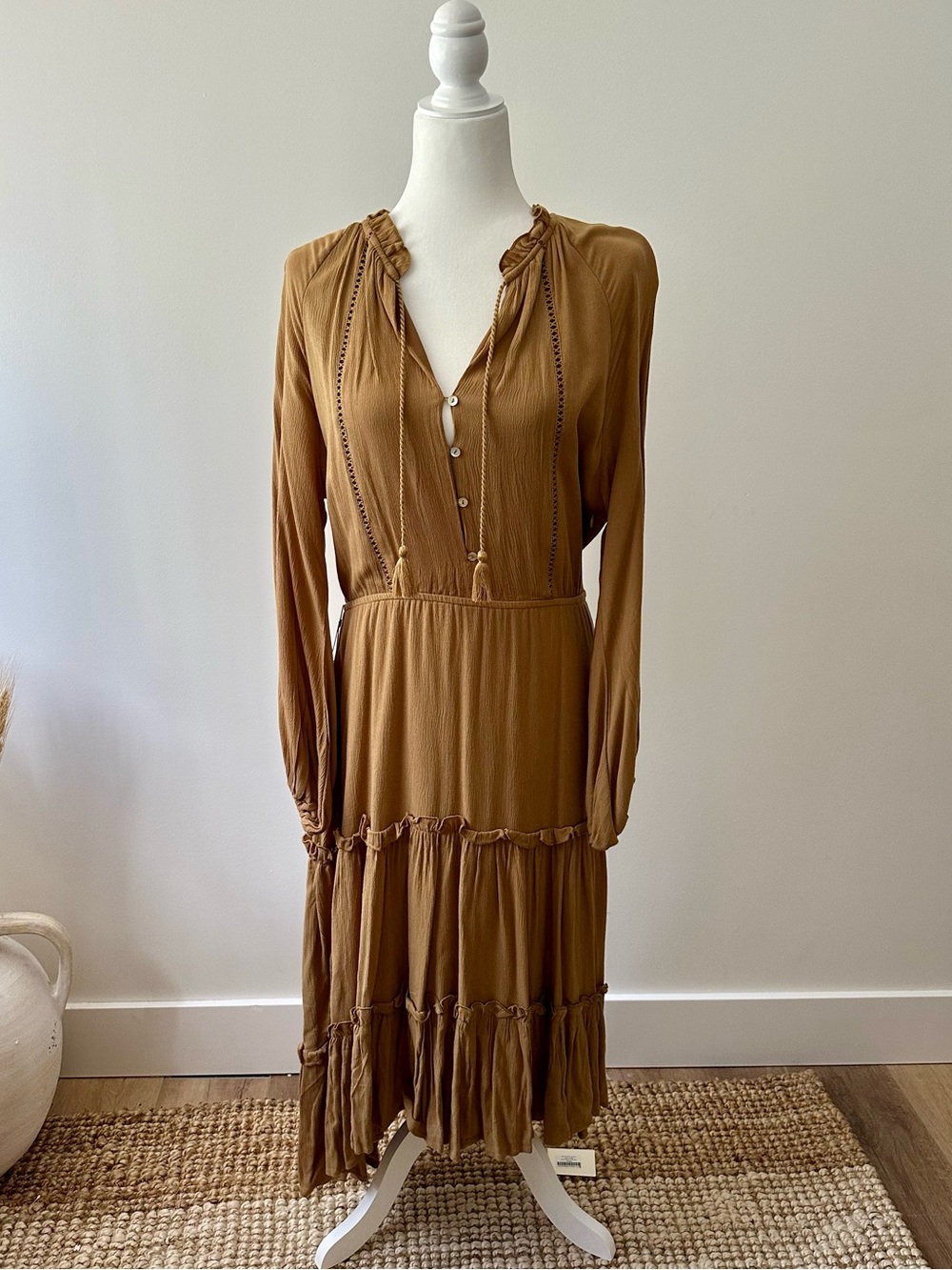 Joyfolie Long Sleeve Tiered Midi Dress in Ochre